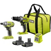2 PIECE RYOBI 18V ONE+ Cordless Hammer Drill & Impact Driver + 2x2Ah Battery Kit