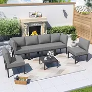 Kurapika 7 Pieces Metal Patio Furniture Set Modern Metal Outdoor Conversation Sets, Patio Sectional Sofa w/5 Inch Cushion and Coffee Table, Grey