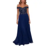 Xscape 301552 Long Off-The-Shoulder Chiffon with Bead Top Navy 12