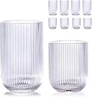 Set of 8 Ribbed Glassware,4 Highball Glasses 14oz & 4 Rocks Drinking Glasses 9oz, Clear, Origami Style, Fluted Design, for Milk, Water, Cocktail, Juice, Beer, ToothBrush Cup, Gift