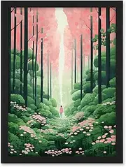 Artery8 Mount Yoshino Cherry Blossom Tree Forest Bright Artwork Baby Pink Green Walk in Nature Trail Artwork Framed A3 Wall Art Print