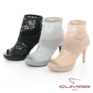 【CUMAR】優雅化身鏤空透感排鑽粗跟魚口高跟短靴(卡其色)