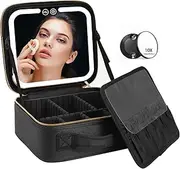 VANMRIOR Travel Makeup Bag with LED Lighted Make up Case with Mirror 3 Color Setting Cosmetic Makeup Box Organizer Vanity Case for Women Beauty Tools Accessories Case Rechargeable, Black, Travel