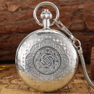 Men's Automatic Pocket Watch Silver Full Hunter Self Wind Fob Chain Collections
