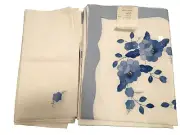 NWT Bordado A Mano White Blue Hand Embroidery Floral Tablecloth & 12 Napkins Set