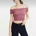 NWT Abercrombie & Fitch Top Womens Medium Pink Mauve Off Shoulder Smocked Crop