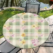 Outdoor Round Tablecloth with Elastic Band, Diameter 150 cm, Elastic Garden Tablecloth with Green Grid Pattern