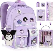 Ensccant Backpack for Girls with Accessories - Anime Schoolbag Cartoon Backpack Laptop Bookbags Anti-Theft Travel Aesthetic New Semester Gifts Bag with Pins,ID Badge Holder,Stationery
