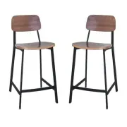 Set of 2 - Espriit Enfys Industrial Bar Stool 65cm - Black Frame - Walnut Back - Walnut Veneer Seat