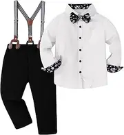 [DISAUR] Boy Formal Suits Wedding Outfit Long Sleeve Button Down Dress Shirt Bow Tie Suspender Pants Gentleman for 5-9 Years