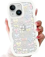 Zrutru Cute Bow Wave Phone Case for iPhone 14/iPhone 13 6.1",Girly Color Ribbon Cases Aesthetic Curly Wavy Clear Cover for Women Girls,Transparent Soft Shockproof Protective for iPhone 14,White