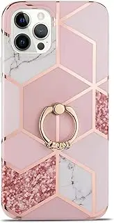Manleno Compatible with iPhone 12 Pro Case iPhone 12 Case Marble with Ring Kickstand Glitter Sparkle Design Women Girls Slim Protective Phone Case Soft Bumper Cover for iPhone 12/Pro 6.1" (Rose Gold)
