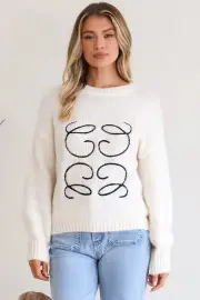 Birdie Jumper - Graphic Embroidered Cosy Knit Jumper in Beige