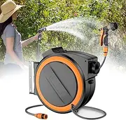 Wall Mounted Hose Reel, 30+2m Garden Hose Reels with Multi-Function Connector, 180°Swivel, Auto Lock & Rewind, 8-in-1 Nozzle Retractable Hose Pipe Set for Watering, Car Wash, Floor Flush 30M