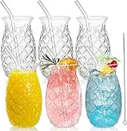 Acshio Set of 6 Pineapple Drinking Glasses, 17 Oz Clear Tiki Cocktail Glasses with Straws, Retro Relief Pineapple Cups Classic Wine Drink Glass for Cocktail, Wine, Juice, Water, Milk