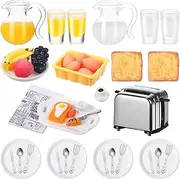 44 Pieces 1:12 Dollhouse Miniature Breakfast Accessories Mini Toast Machine Bread Juice Milk Eggs Cups Fruits Plates Knife Fork Spoons Doll Drink Food for Dollhouse Kitchen Scene and Cake Topper Decor