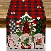 Pudodo Christmas Gnome Table Runner Buffalo Plaid Check Xmas Table Decor Swedish Winter Holiday Kitchen Dinning Home Decorations