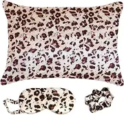 Satin Pillowcase Standard Size Gift Set by Fenrici, Including 1 Eye Mask, 1 Scrunchie, Vegan Silk Pillow Case for Hair and Skin, Giftset for Women, Teens, Moms, Brown, Leopard