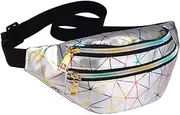 [LIVACASA] Holographic Fanny Packs for Women Waterproof Waist Packs Shiny with Adjustable Belt Diamond Lattice Pattern for Party Festival Trip