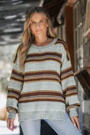 Cupshe Brown Striped Drop Shoulder Long Sleeve Sweater - Coffee/Espresso/Tobacco,L
