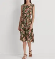 Ralph Lauren Women's Bubble Crepe Cap-Sleeve Dress Brown Cream Multi Size 12 NWT