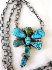 Navajo Lorenzo Juan Turquoise Dragonfly Pendant 20"Necklace 925 Sterling Silver