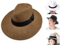 在飛比找Yahoo!奇摩拍賣優惠-【海倫精坊】大帽長簷日型摺邊黑織帶紙草棕色紳士帽(特價２４０