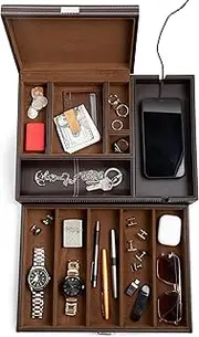 [HOUNDSBAY] Mens Watch Box Leather Valet Tray - Bedside Table Organizer, Men's Jewelry Box, Watch Case for Men with Large Smartphone Charging Station - Jewelry Box for Men with Valet Box and Nightstand Organizer