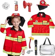 KBIBCK 9-Piece Fireman Costume, Fire Brigade Costume Set, Firefighter Costume Set, Firefighter Children with Fire Extinguisher Axe Fireman Toy for Boys Girls Carnival Halloween