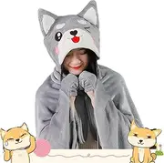 BuryTony New Gray Hooded Cloak Flannel Cape Soft Shiba Inu Corgi Plush Hoodie Cute Cloak Blanket for Sleep Nap Gray, Grey, 66.9*39.3 inch