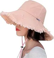[LAIFEKE] Fashion Women Frayed Edge Bucket Hat Floppy Hat Summer Beach Hat Cotton Wide Brim Sun Hat