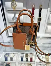 Michael Kors Mercer Women XS Shopper Crossbody Bag +Coinpouch Wallet Set (Brown)