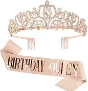 "Birthday Queen" Sash & Crystal Tiara Kit COCIDE Birthday Silver Tiara and Crowns for Women Birthday Sash for Girls Birthday Decorations Set Rhinestone Headband Hair Accessories Glitter Sash for Party