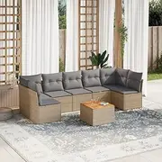 8 Piece Mix Beige Garden Sofa Set with Cushions - Poly Rattan Outdoor Furniture with Storage, Patio Chairs & Acacia Table, Balcony Conversation Set for Sale