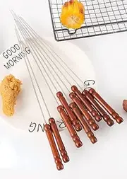 Stainless Steel Barbeque Stick with Wooden Handle Round Barbeque Pin Flat Barbeque Lamb Skewer Barbeque Stick