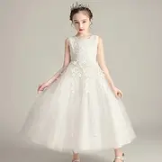 Flower Girl Dress Kid's Girls' Princess Dress Performance Wedding Party Elegant Beautiful Mesh Solid Color Sleeveless Crew Neck White Light Sky Blue 4 years