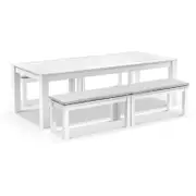 Santorini 2.5m Rectangle Aluminium Dining Table with 4 Bench Seats White - Textured Olefin Grey