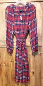 Pendleton Red Plaid Peasant Dress Womens Size L Wool Blend Button Front Belted