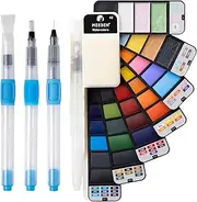 [MEEDEN] Travel Watercolor Paint Set: 42 Assorted Colors Portable Water Color Palette Including 7 Pearlescent and 5 Macarone Colors with 4 Brushes