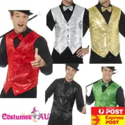 Mens Sequin Waistcoat Vest Dance 20s Mardi Gras Ringmaster Magician Costume