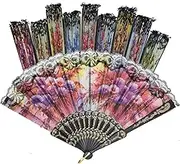 10 Pack Vintage Spanish Floral Folding Hand Fan Sequin Fabric Folding Handheld Hand Fan Random Color