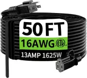 Indoor Outdoor Black Extension Cord 50 Ft Waterproof, 16/3 Gauge Flexible