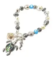 Abalone Turtle Charm and Multi Mix Bead Stretch Toggle Bracelet for Women