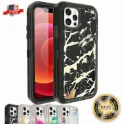 For Apple iPhone 13 13 Pro Max Marble Defender Case with Tempered Glass Screen