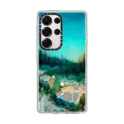 Galaxy S25 Ultra Clear Magnetic Case NATURE REIGNS SUPREME 1, FOREST TREES AQUA TEAL GREEN WATERCOLOR ABSTRACT PAINTING