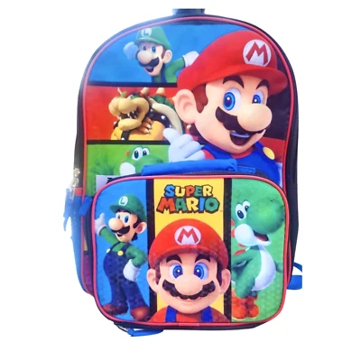 Super Mario Bros Little Boys 16" Pre School Backpack Book Bag Lunch box SET Kids