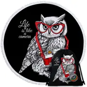 Funny Retro Hipster Photographer Owl Round Beach Towel