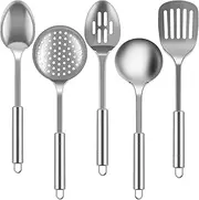 Stainless Steel Cooking Utensils Set - 5 Pcs Metal Professional Kitchen Tools With Strainer Spoon, Soup Ladle, Slotted Spatula, Dense Spoon, and Large Round Strainer