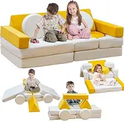 Stmoze 11PCS Kids Couch, Baby Modular Couch with Washable and Durable Velvet Covers,30s Instant Rebound,Convertible Baby Fold Out Play Foam and Floor Cushion for Nursery Playroom (Yellow+Beige)