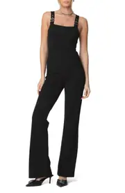 EDIKTED Bianka Buckle Strap Flare Jumpsuit in Black at Nordstrom, Size Small